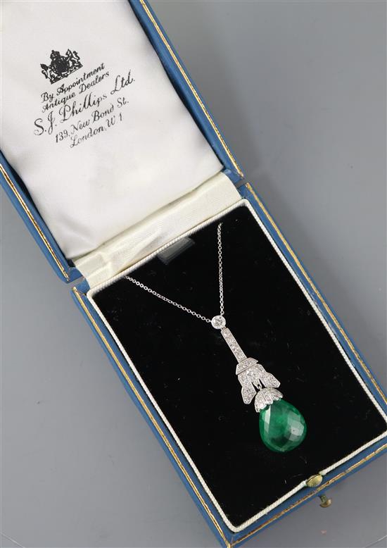 An Art Deco emerald and diamond pendant on chain in a S.J. Phillips Ltd box 4cm